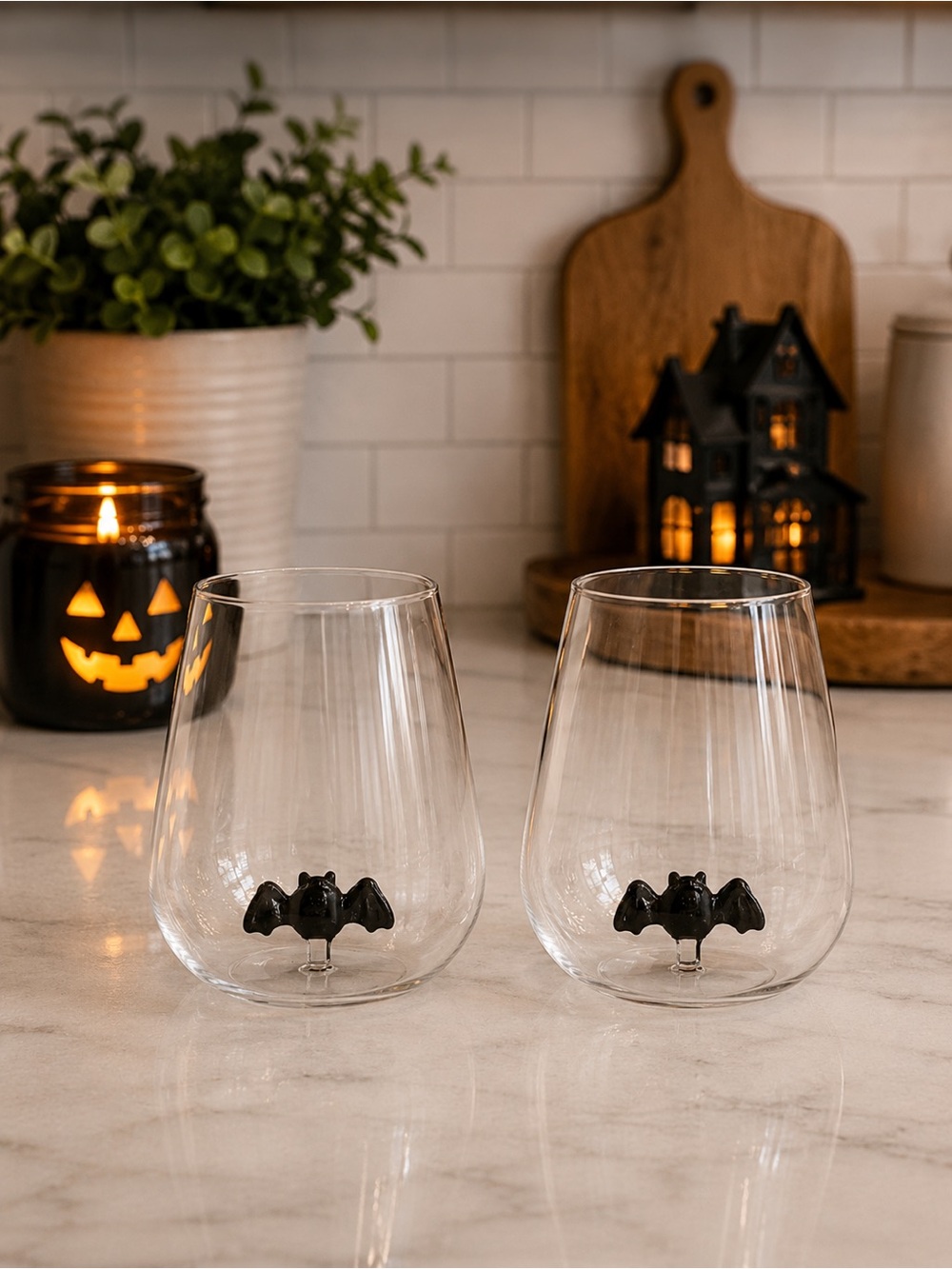 Halloween Bat Accent Stemless Wine Glasses - Clear with Black Bat - Set of 2